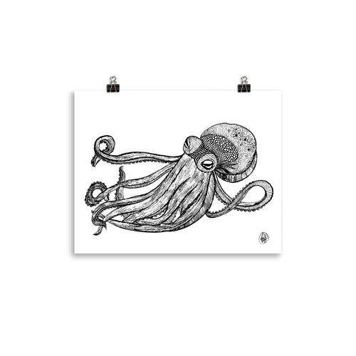 A black and white ink illustration of an octopus on a white poster sheet, clipped at the top with two black binder clips against a plain white background.
