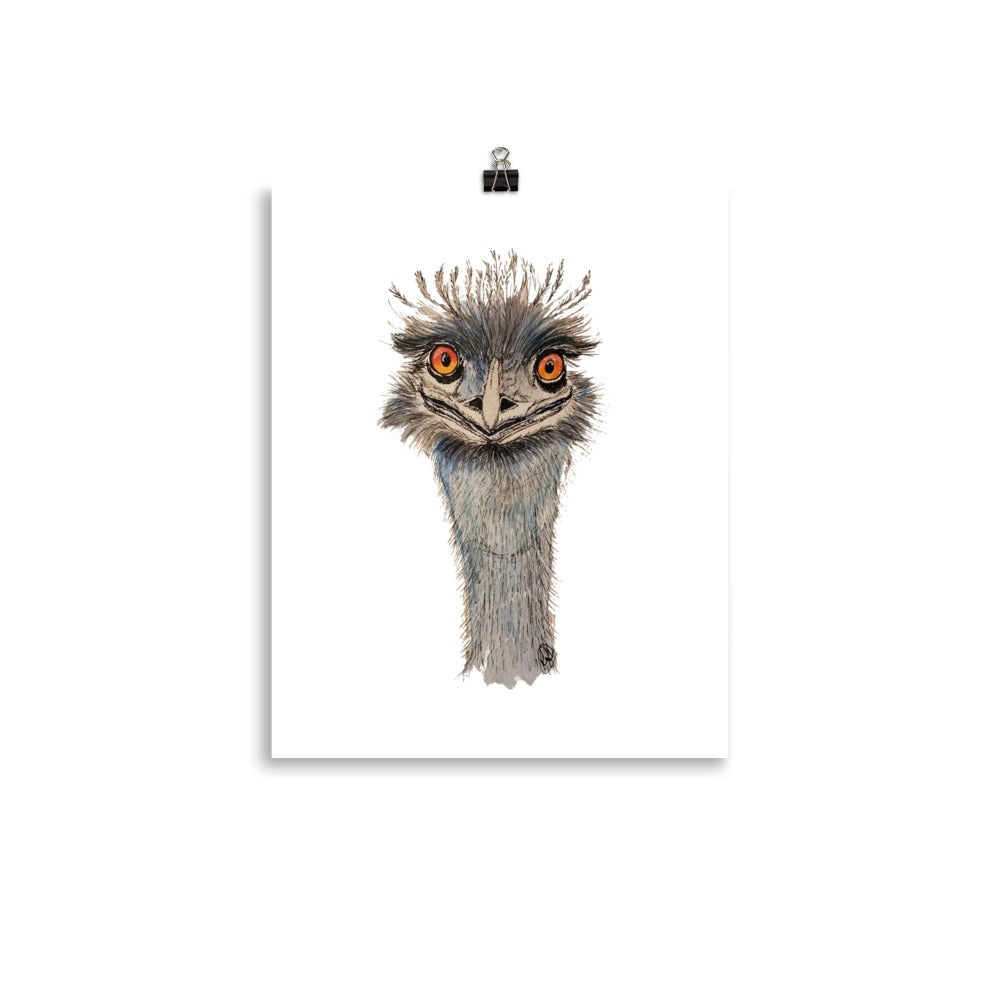 A vertical art print featuring a detailed illustration of an emu head, shown hanging from a black binder clip against a clean white background.
