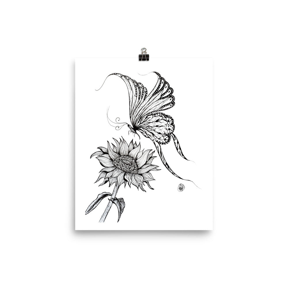 Original black and white Butterfly and Sunflower ink drawing featuring a detailed butterfly resting beside a sunflower, fine art print by Art by Kikajo.