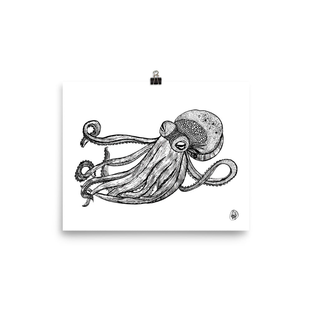 Entangled black and white octopus fine art print featuring detailed original pen-and-ink linework and curling tentacles.