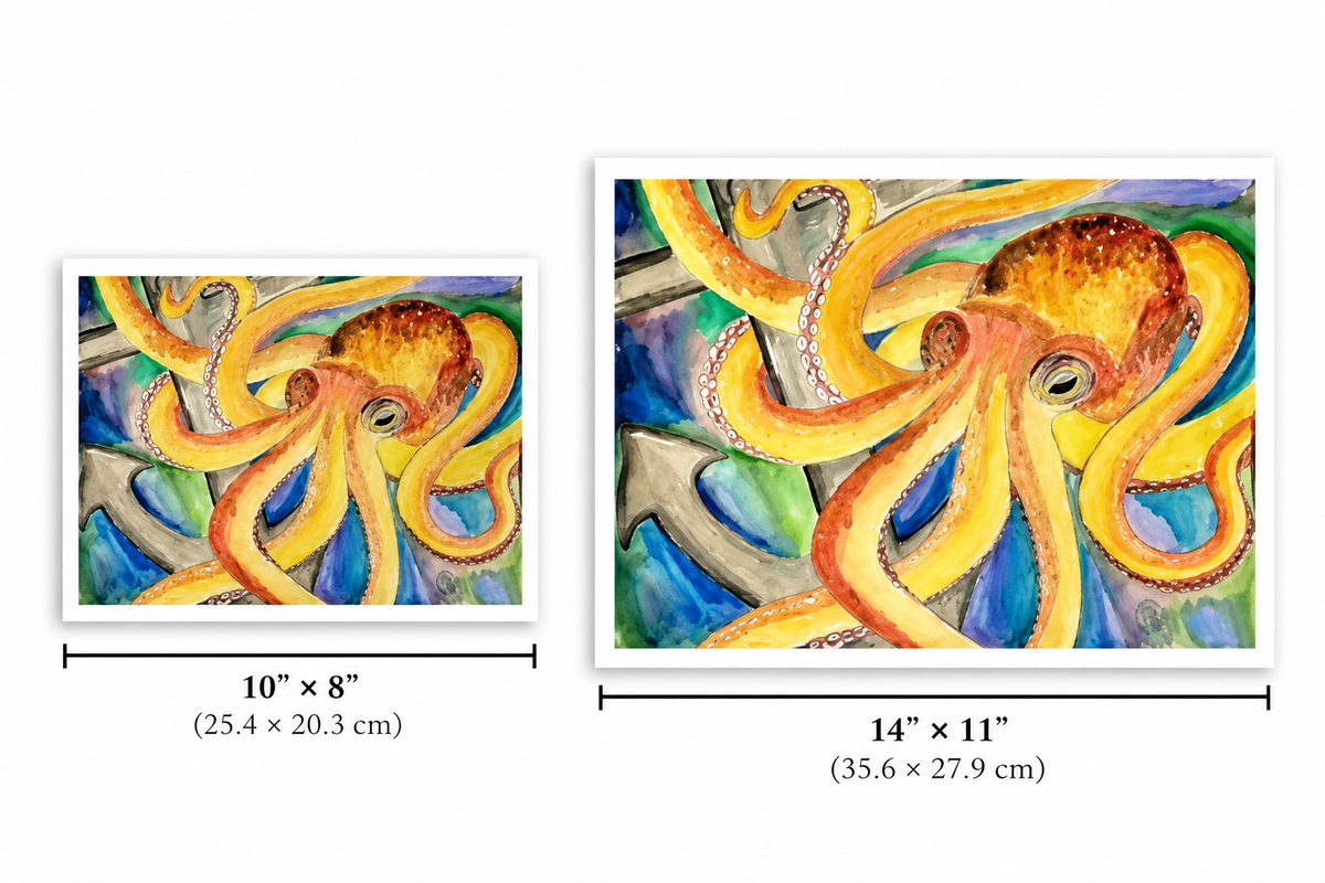 Two framed art prints showing the same colorful octopus painting in different sizes with dimension labels: 10 x 8 inches and 14 x 11 inches, on a white background.