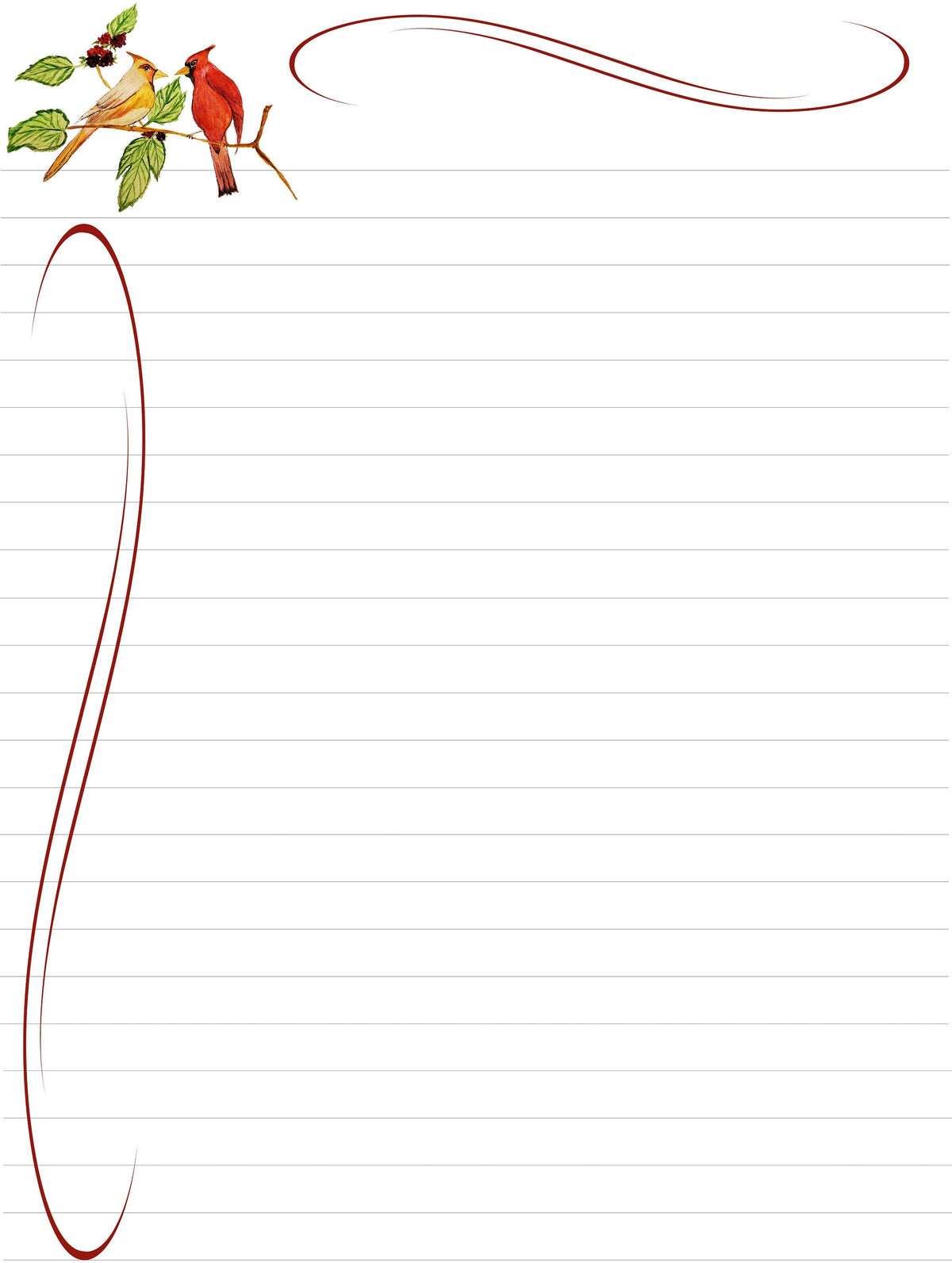 Cardinals Birds Lined Stationery – Printable Letter Writing Paper (Digital Download)