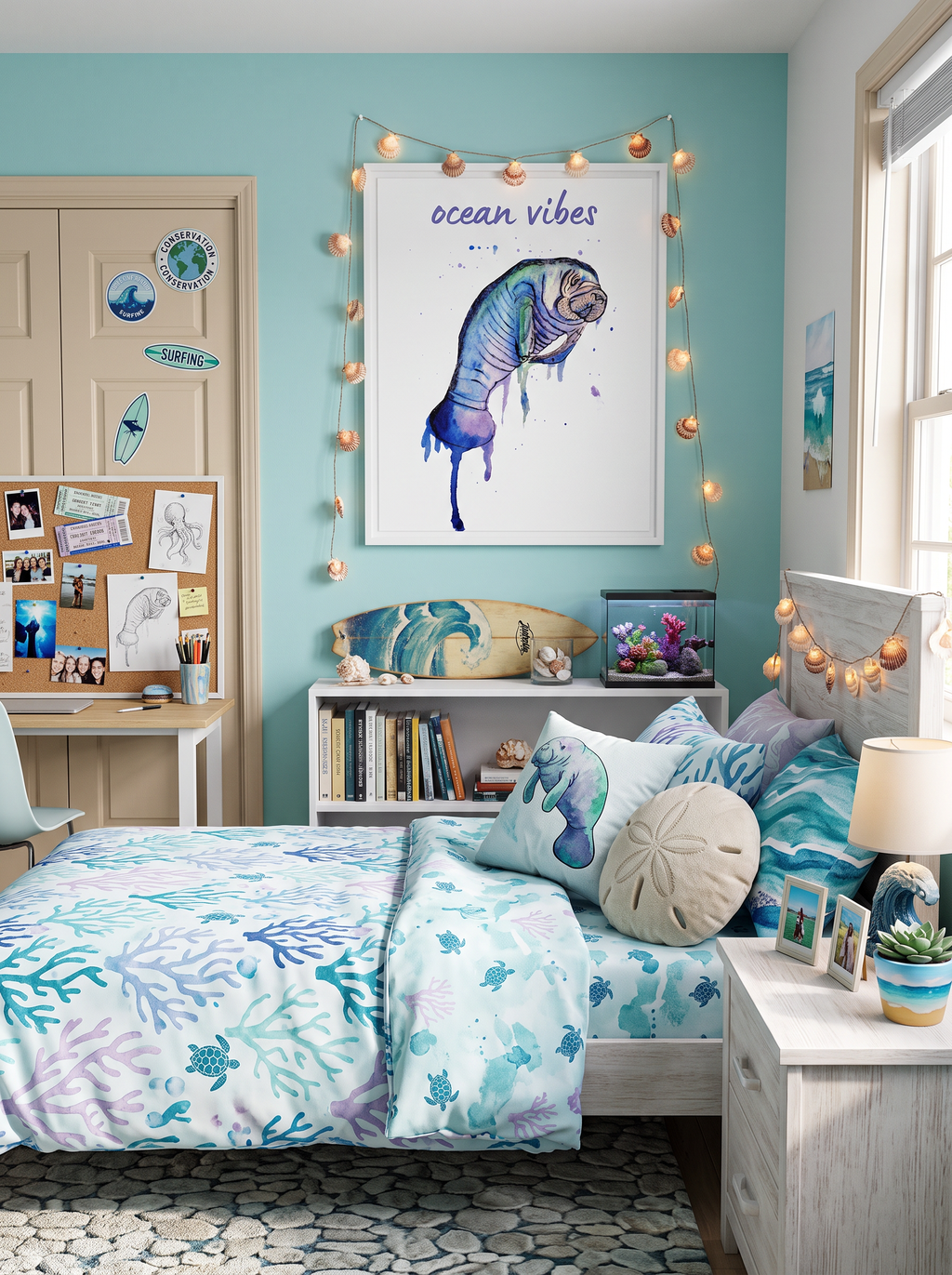 Framed canvas wall art featuring a gentle manatee sea cow, personalized coastal nursery decor by Art by Kikajo.