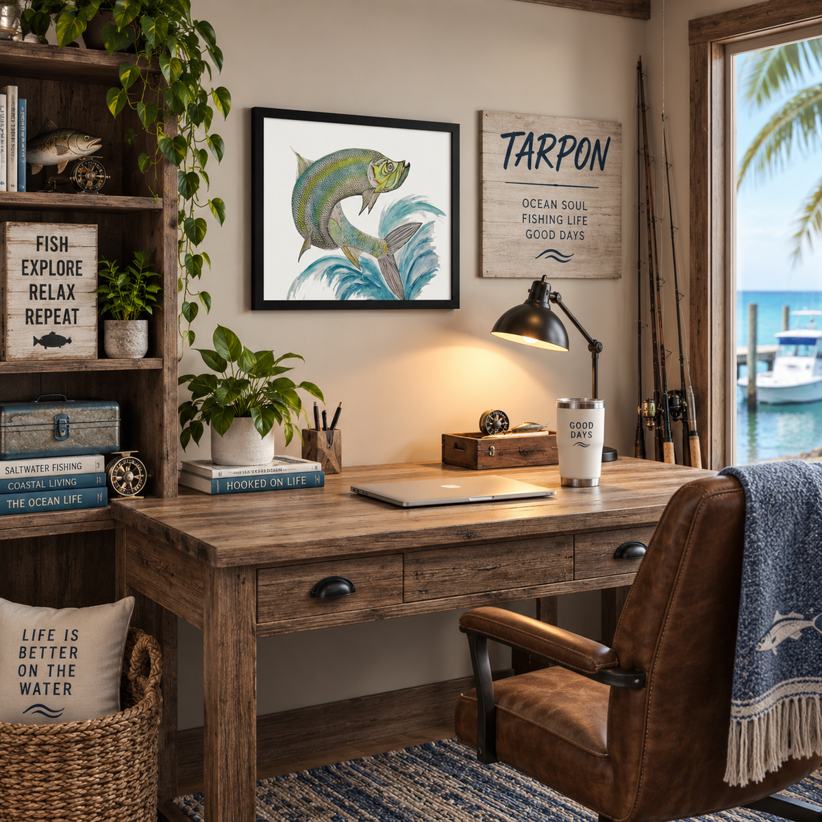 Framed canvas wall art of a tarpon fish by Art by Kikajo, featuring a personalized ocean scene with vibrant colors and detailed design.
