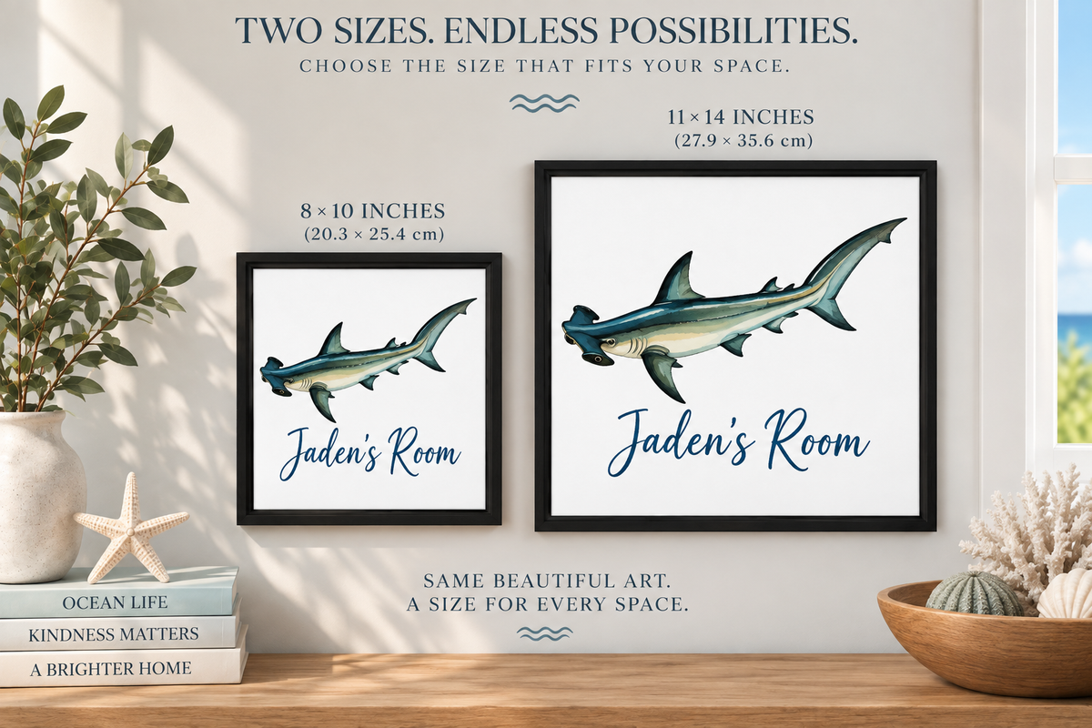 Personalized Hammerhead Shark nursery wall art on framed canvas by Art by Kikajo, featuring colorful ocean-themed design.
