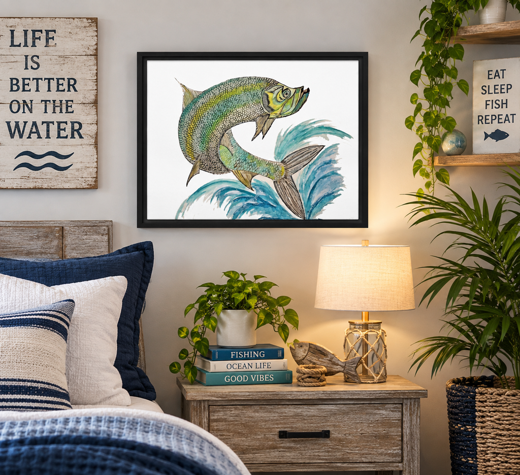 Personalized Tarpon Fish wall art on framed canvas by Art by Kikajo, featuring vibrant ocean-themed aquatic artwork.