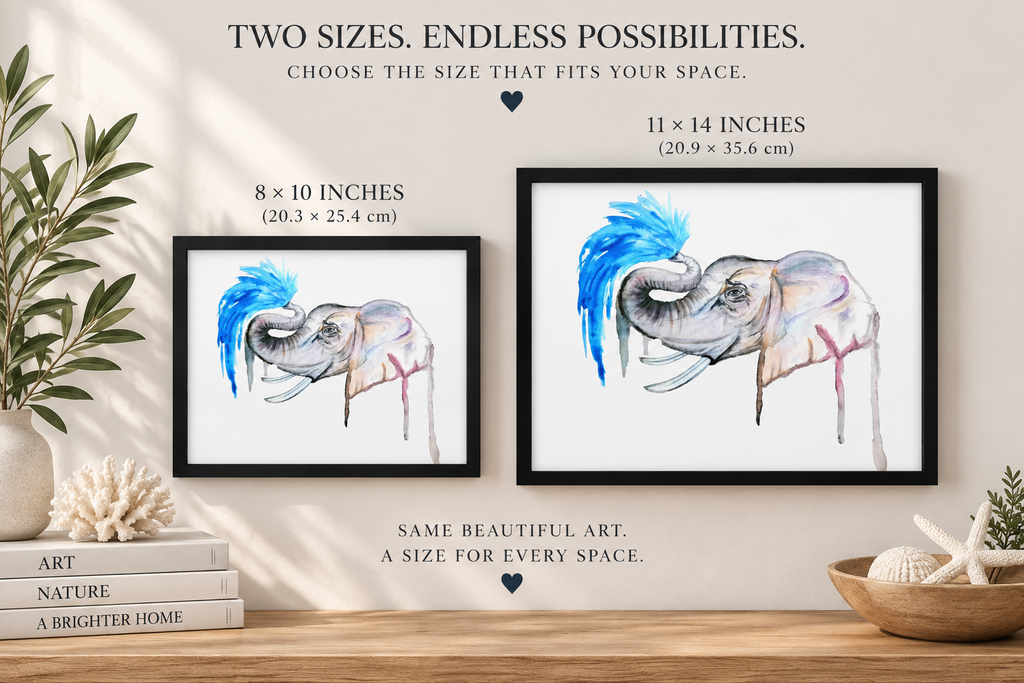 Framed canvas wall art featuring an elephant spray design from Art by Kikajo, perfect for safari-themed decor.