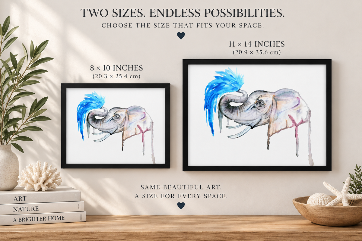 Framed canvas wall art featuring an elephant spray design from Art by Kikajo, perfect for safari-themed decor.
