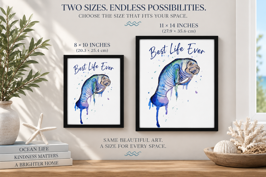 Framed canvas wall art featuring a manatee sea cow, coastal themed nursery decor by Art by Kikajo, suitable for a child's room.