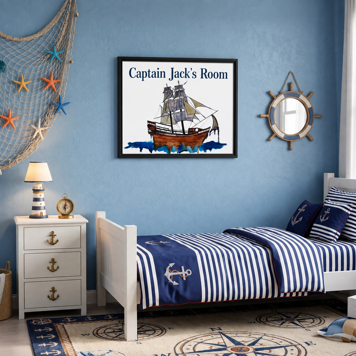 Framed canvas art of a vintage ship watercolor painting by Art by Kikajo, nautical wall decor with detailed maritime scene.