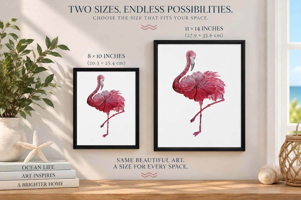 Pink flamingo framed canvas wall art by Art by Kikajo featuring a colorful bird illustration for personalized home decor.