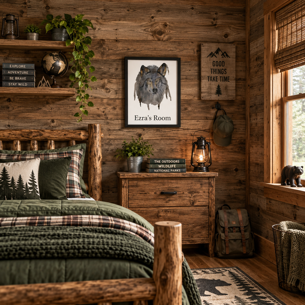 Wolf watercolor wall art framed canvas featuring a personalized woodland scene by Art by Kikajo.