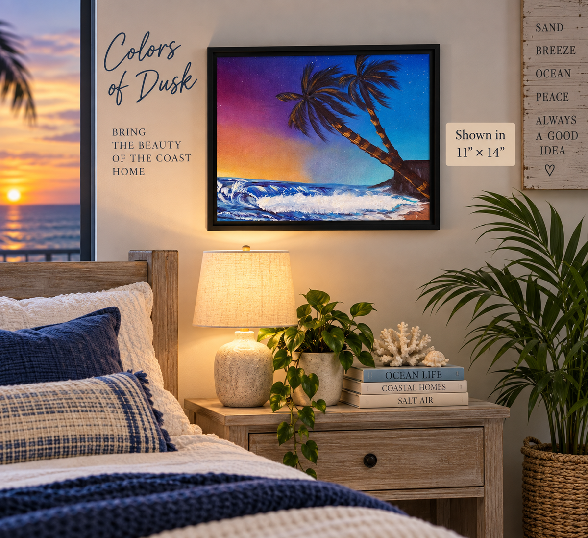 Framed canvas wall art titled "Colors of Dusk" by Art by Kikajo, depicting a vibrant tropical beach scene with sunset colors.