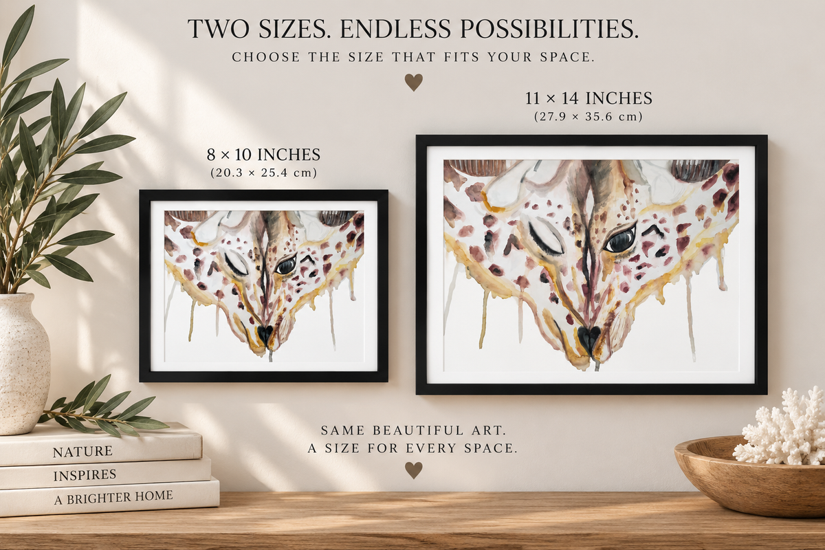Personalized giraffes wall art on framed canvas by Art by Kikajo, featuring a safari-themed giraffe design for home decor.