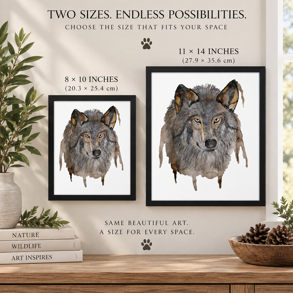 Wolf watercolor woodland wall art on framed canvas by Art by Kikajo, featuring personalized nature-inspired watercolor scene.