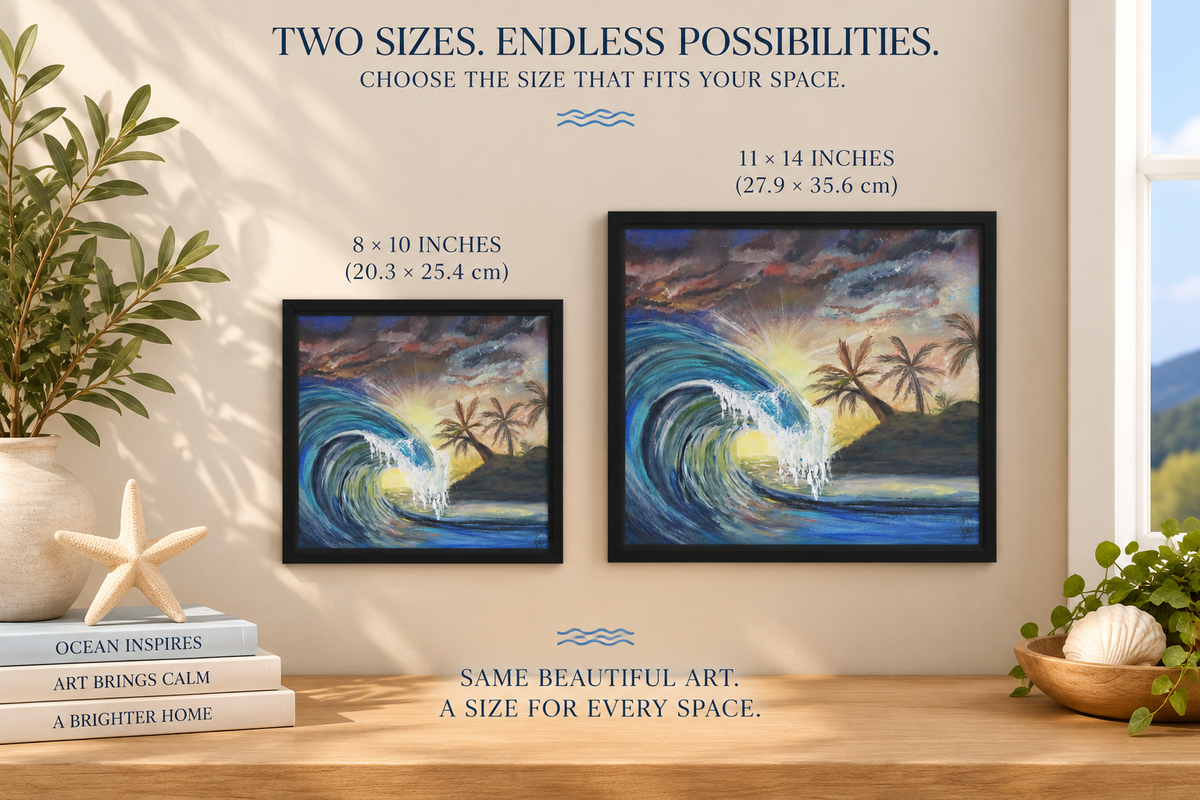 Framed canvas print of ocean waves titled "Evening Song" by Art by Kikajo, showcasing a serene seascape with vibrant colors.