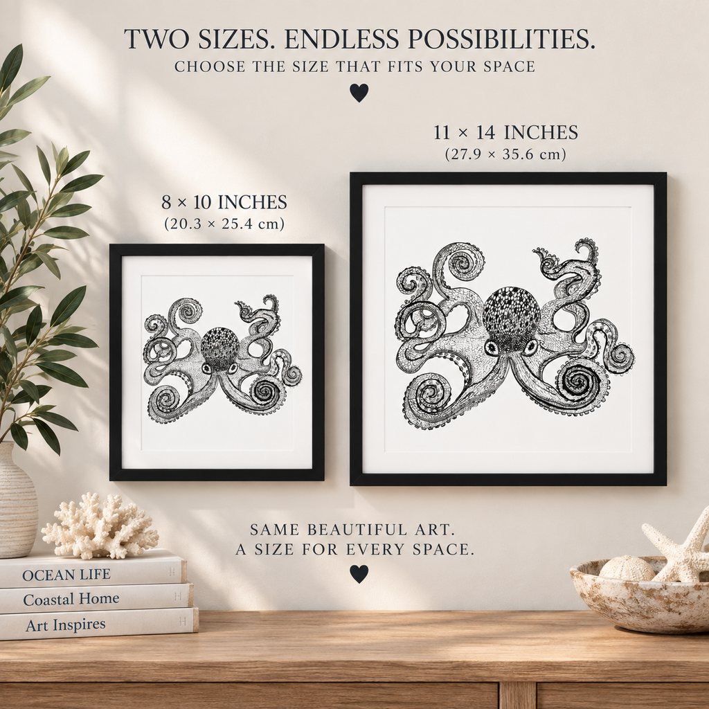 Colorful framed canvas wall art featuring an inky octopus, personalized sea life nursery decor by Art by Kikajo.