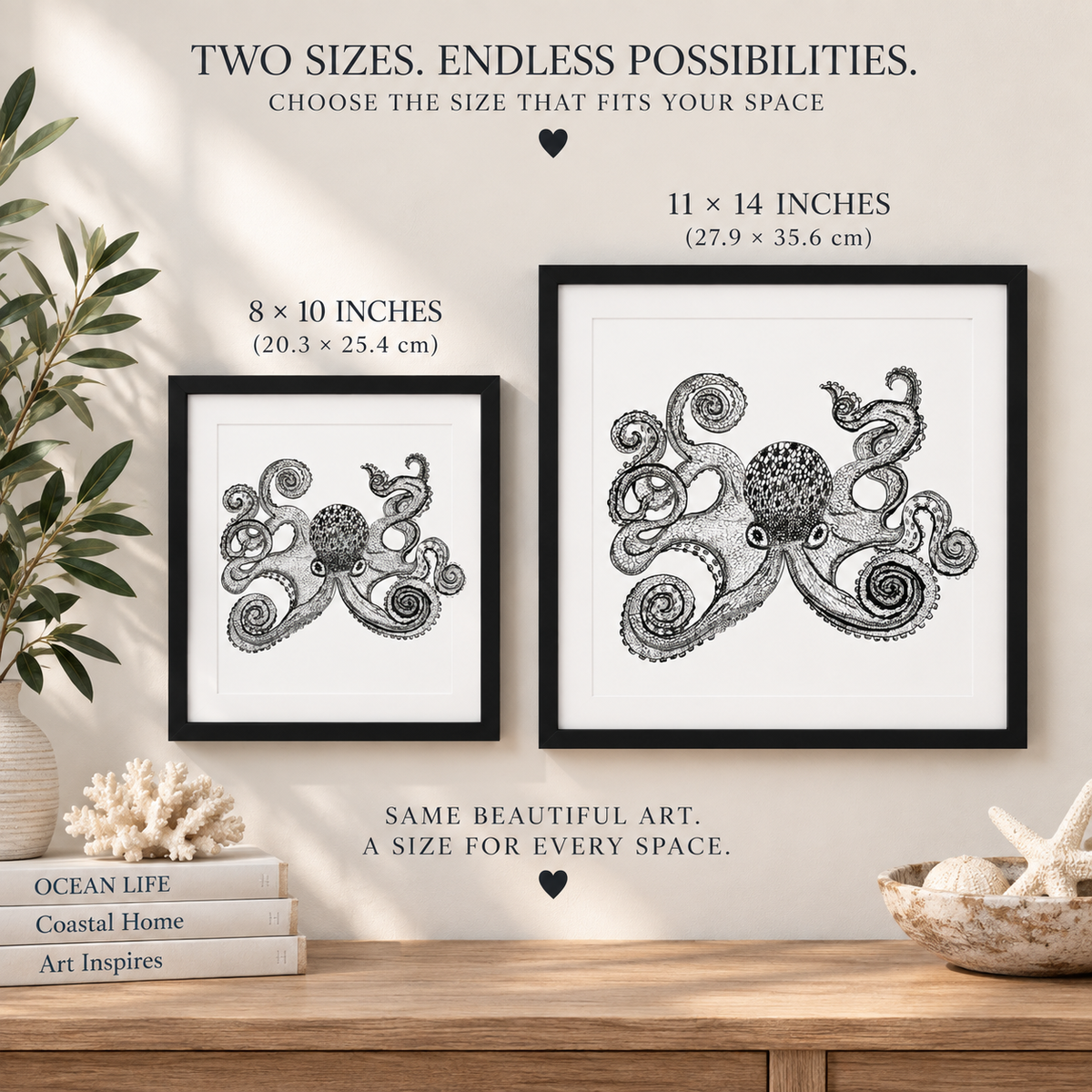 Colorful framed canvas wall art featuring an inky octopus, personalized sea life nursery decor by Art by Kikajo.