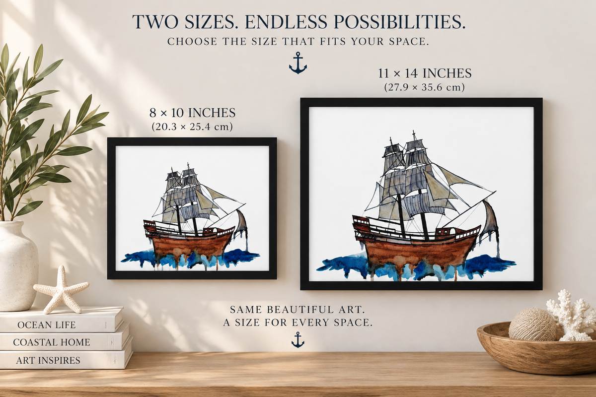 Framed canvas nautical wall art featuring a vintage ship watercolor by Art by Kikajo, suitable for maritime-inspired decor.