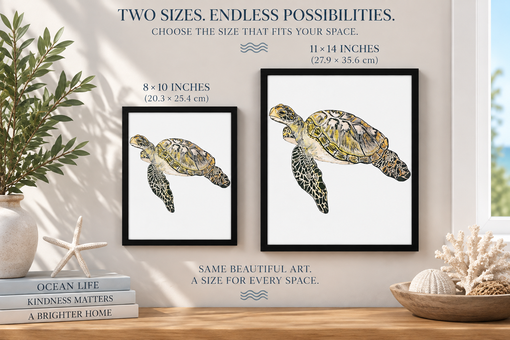 Personalized framed canvas featuring a colorful sea turtle, an ocean animal artwork by Art by Kikajo.