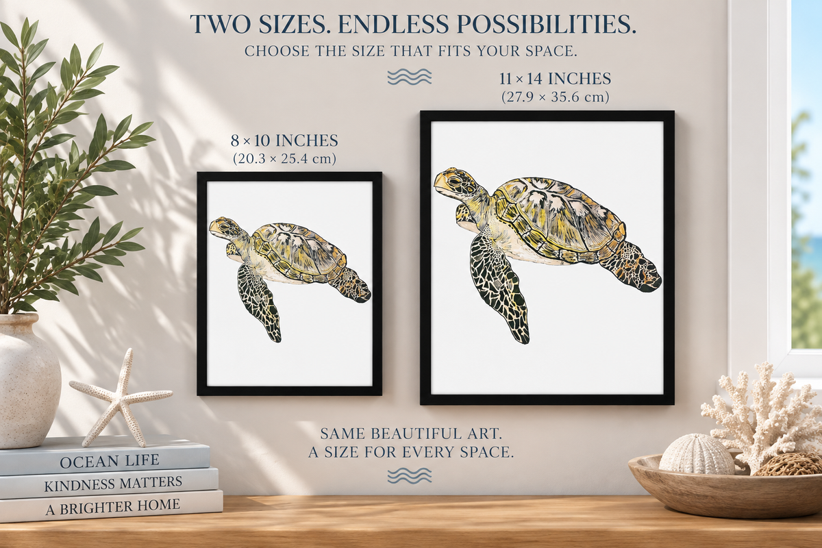 Personalized framed canvas featuring a colorful sea turtle, an ocean animal artwork by Art by Kikajo.