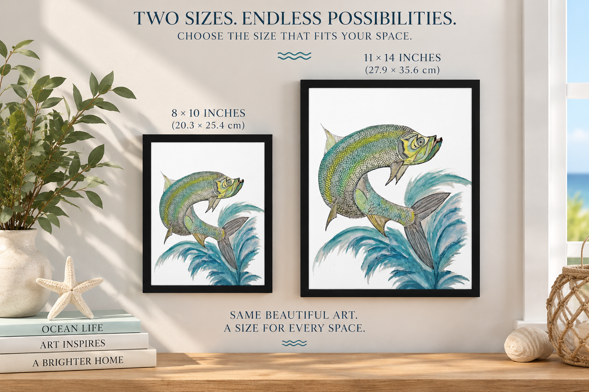 Personalized Tarpon Fish wall art on framed canvas by Art by Kikajo featuring a detailed illustration of a tarpon in ocean surroundings.