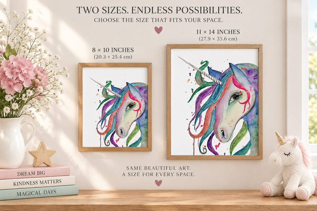 Personalized unicorn watercolor wall art on framed canvas by Art by Kikajo, featuring colorful, whimsical design for kids' room decor.