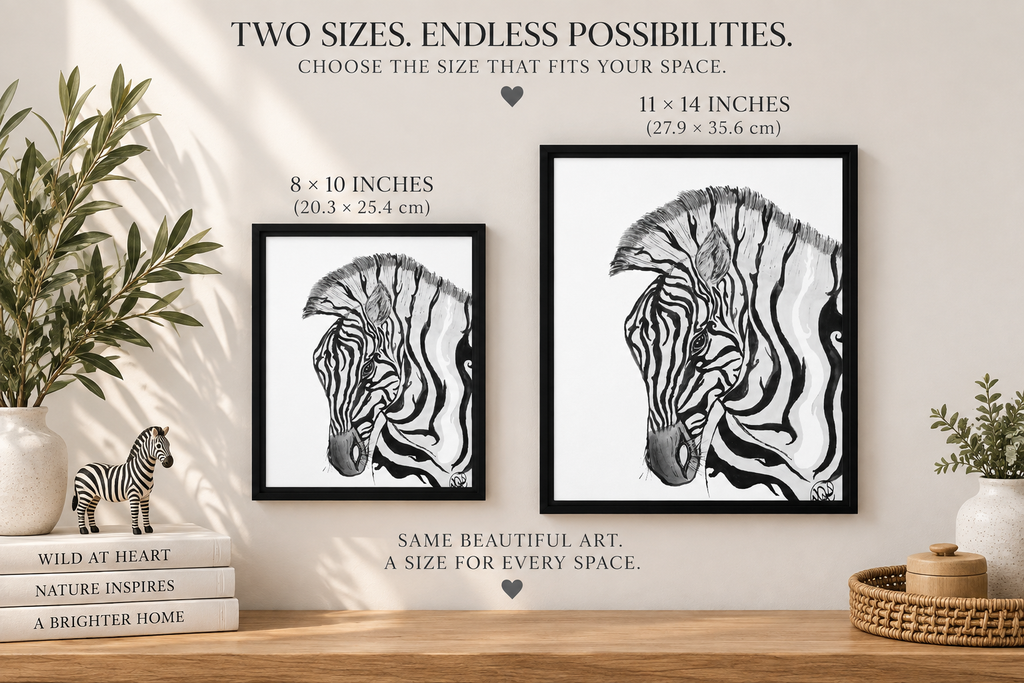 Personalized zebra nursery wall art on framed canvas by Art by Kikajo featuring a nature-inspired design.