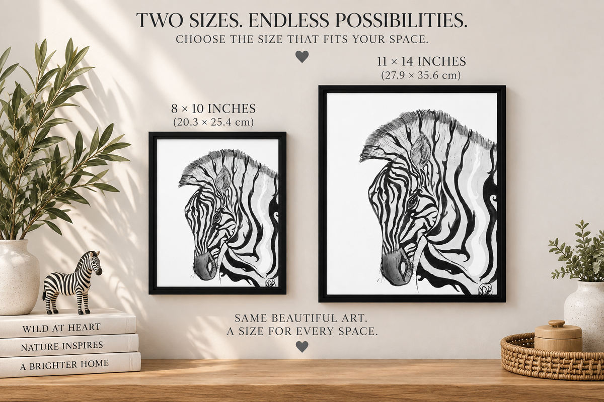 Personalized zebra nursery wall art on framed canvas by Art by Kikajo featuring a nature-inspired design.