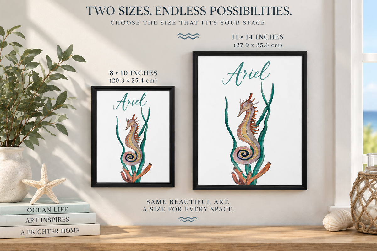 Personalized framed canvas wall art featuring a seahorse delta design, coastal decor by Art by Kikajo.