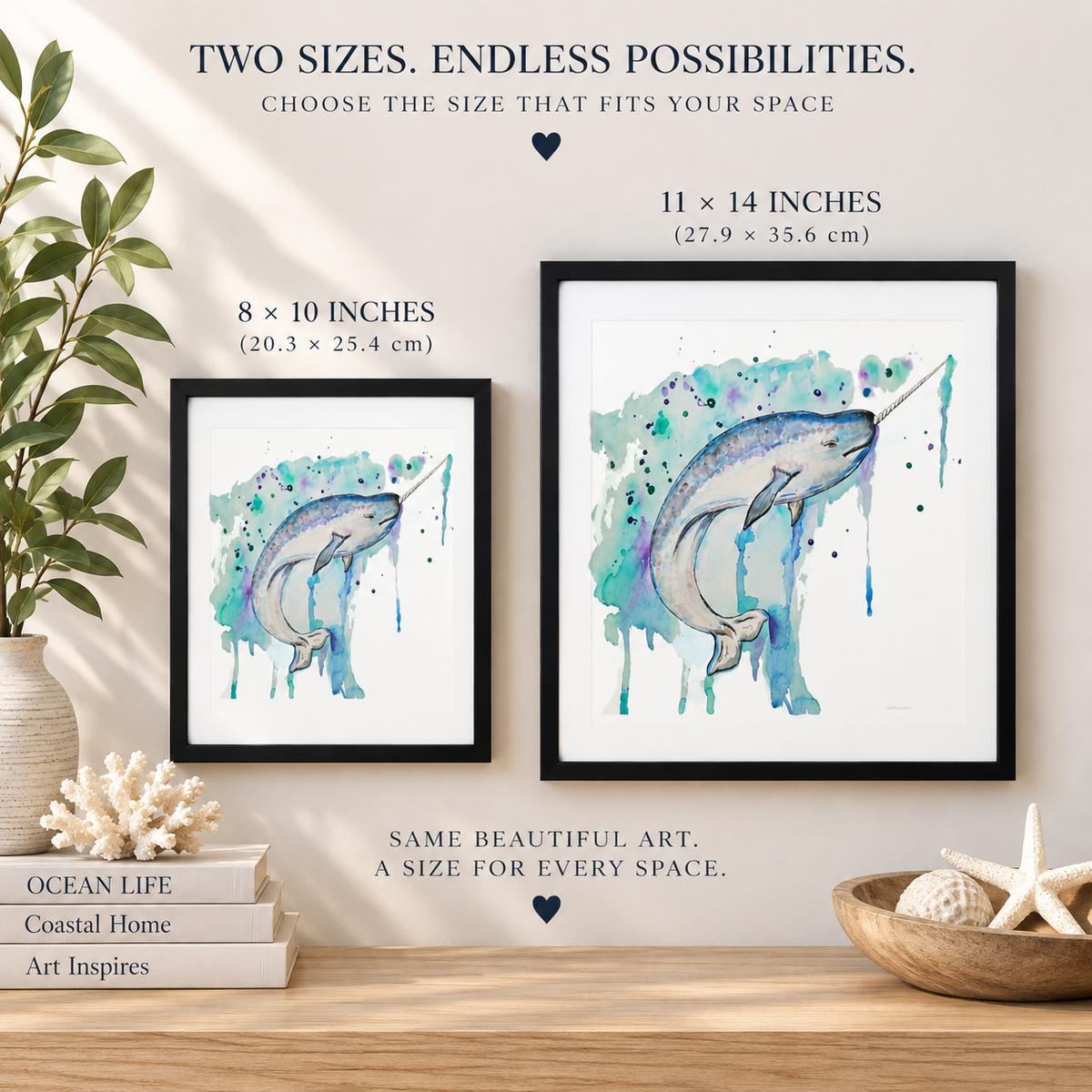 Framed canvas wall art featuring a whimsical narwhal whale illustration, personalized ocean-themed decor by Art by Kikajo.