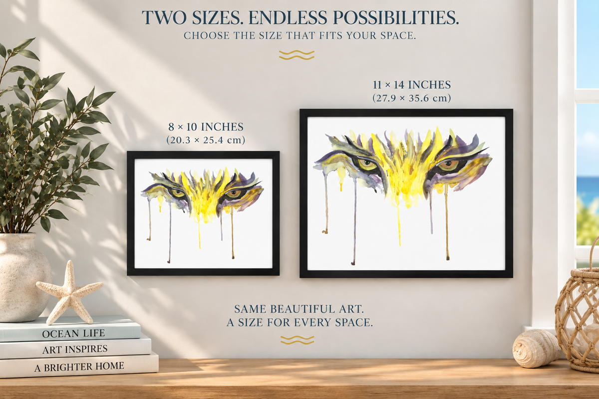 Framed canvas wall art featuring majestic tiger eyes, personalized wildlife art print by Art by Kikajo for home décor.