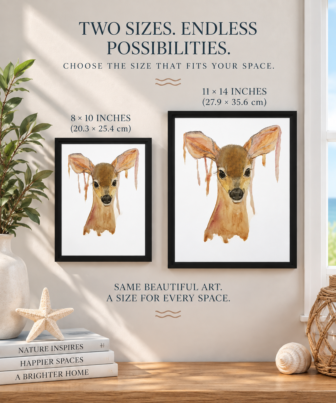 Watercolor woodland deer framed canvas wall art by Art by Kikajo featuring an elegant forest doe in soft, natural tones.