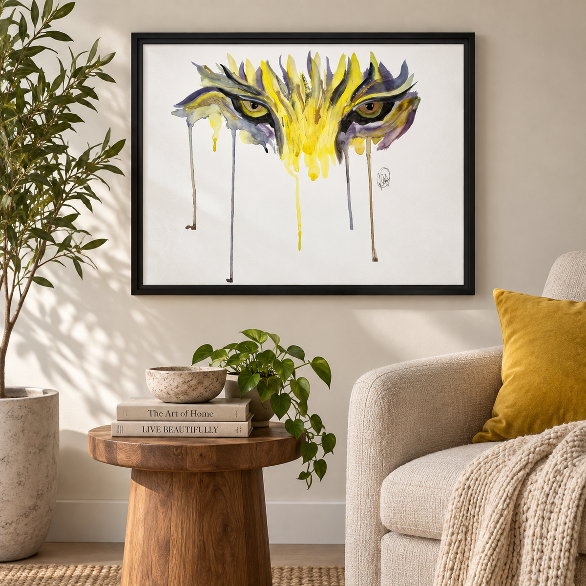 Framed canvas wall art featuring a majestic tiger eye wildlife print by Art by Kikajo, perfect for home décor.