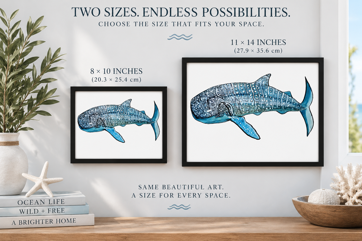 Framed whale shark watercolor wall art by Art by Kikajo, featuring a vibrant ocean scene on personalized canvas.