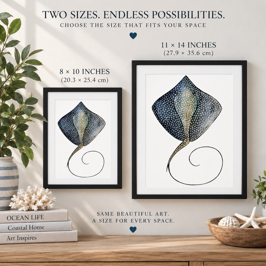Framed Stingray watercolor wall art by Art by Kikajo featuring a vibrant ocean-themed canvas with personalized framing.