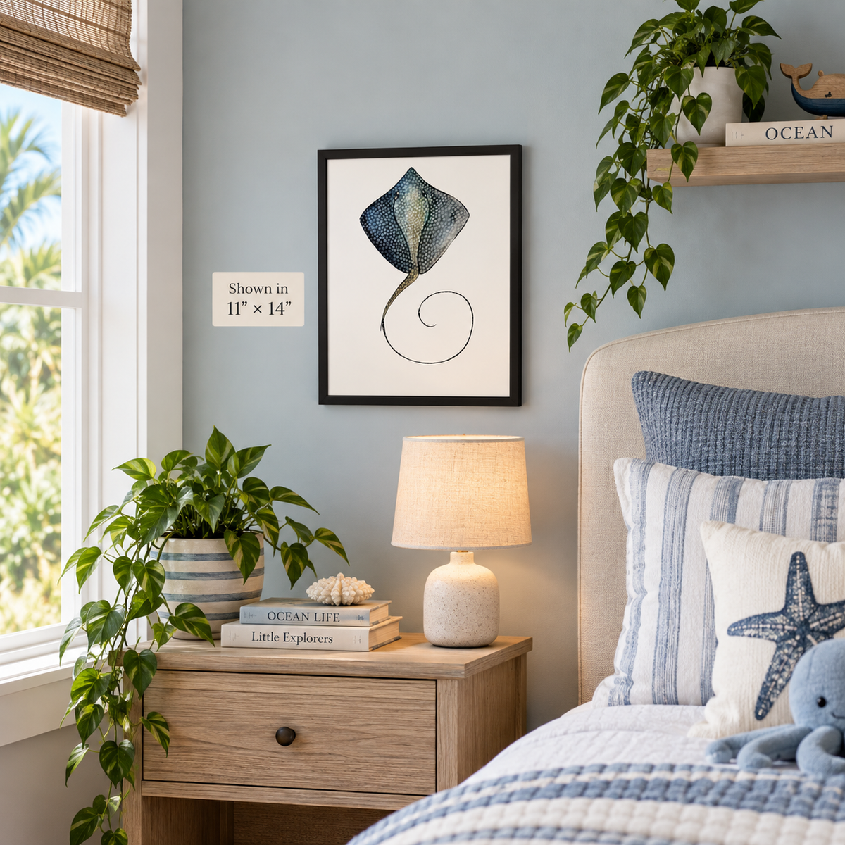 Framed Stingray watercolor wall art by Art by Kikajo, featuring vibrant ocean-themed canvas with personalized framing.