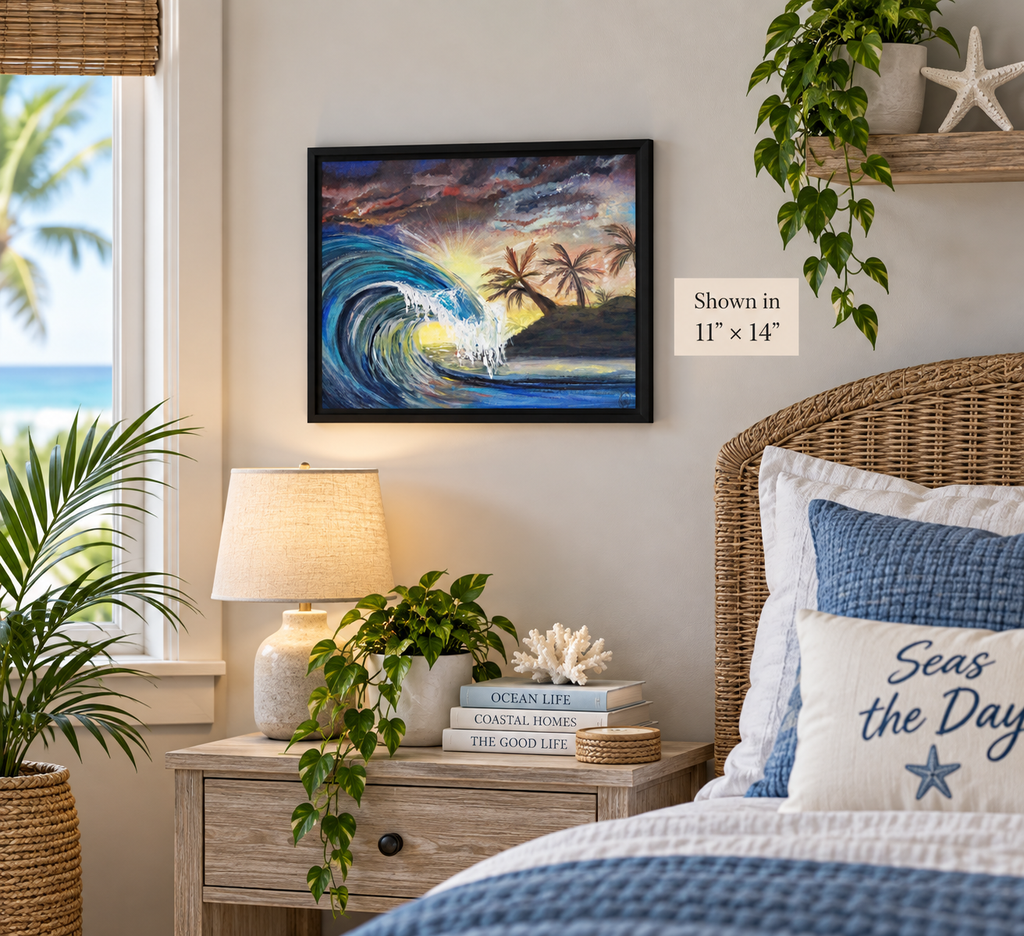 Framed canvas artwork titled Evening Song Ocean Waves by Art by Kikajo, depicting a soothing ocean scene with waves.