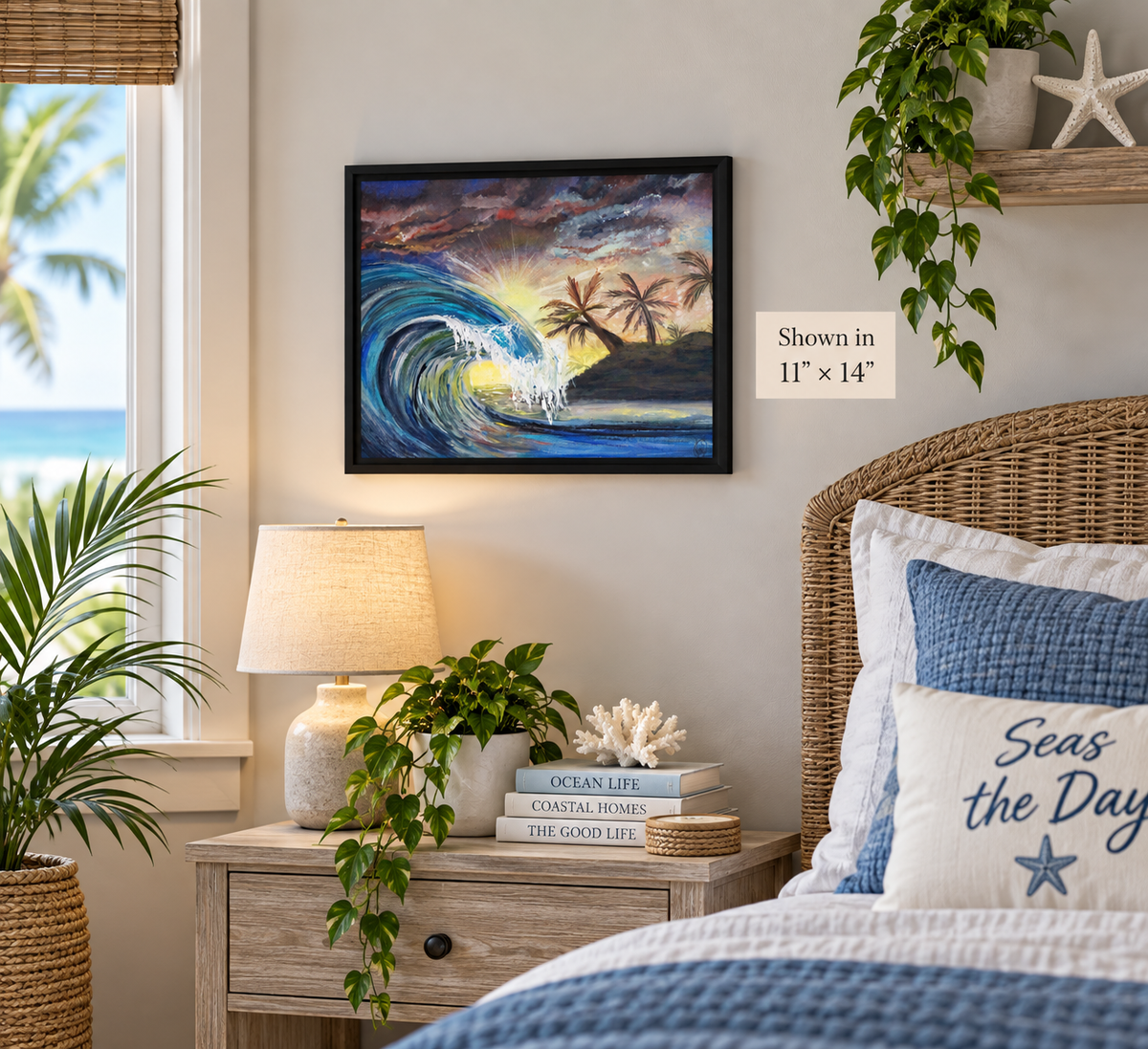 Framed canvas artwork titled Evening Song Ocean Waves by Art by Kikajo, depicting a soothing ocean scene with waves.